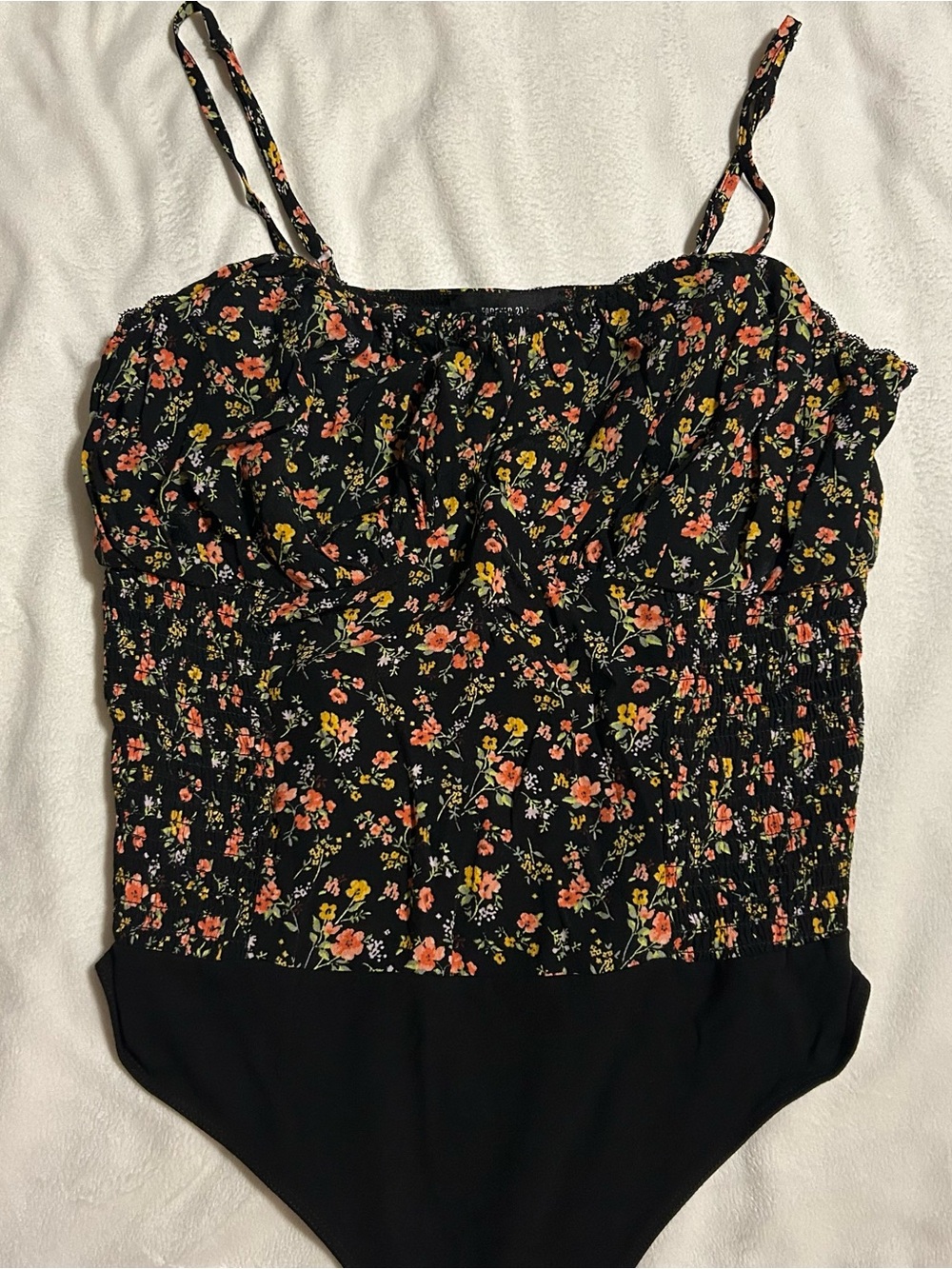 Floral Black Tank Bodysuit with Spaghetti Straps